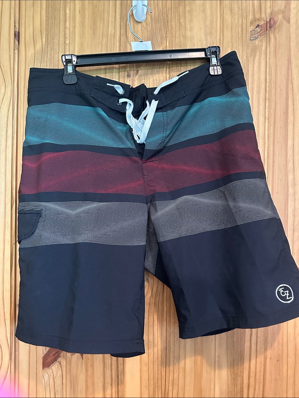 Ezekiel Striped Black Board Shorts with Teal & Maroon Bands